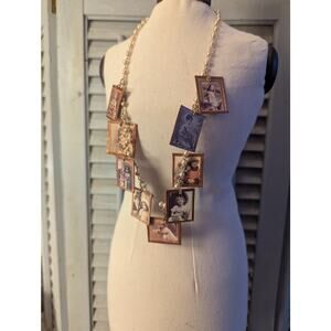 Nichos style copper photo frame necklace with faux pearl strand
